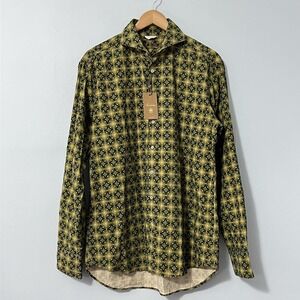 Stenstroms Corduroy Shirt Mens Large Green Geometric Print Fitted Body NWT